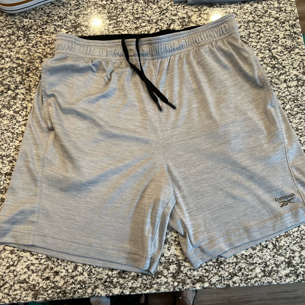 Reebok Light Gray Athletic Drawstring Shorts with Black Waistband
